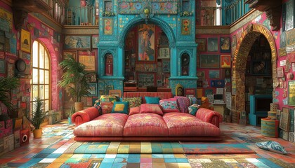 Obraz premium Maximalist Living Room Interior with Eclectic Art and Vintage Decor