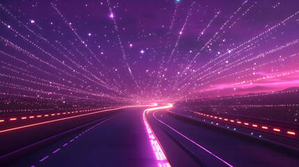 Obraz premium highway with glowing streetlights and a purple sky filled with digital stars 