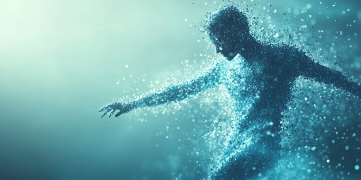 Digital human figure disintegrating into particles of data
