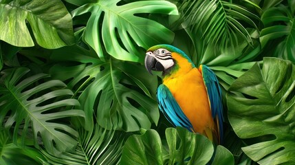 Obraz premium Vibrant macaw amidst lush tropical monstera leaves evoking exotic wildlife and botanical beauty in a natural setting