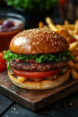 Delicious hamburger with french fries and ketchup on wooden board
