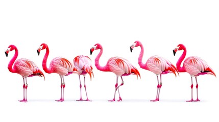 Obraz premium Pink Flamingos in Various Poses Against a White Background