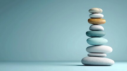 Serene stone tower against soft blue backdrop symbolizing balance harmony and zen in a minimalist studio shot enhancing wellness and meditation practices
