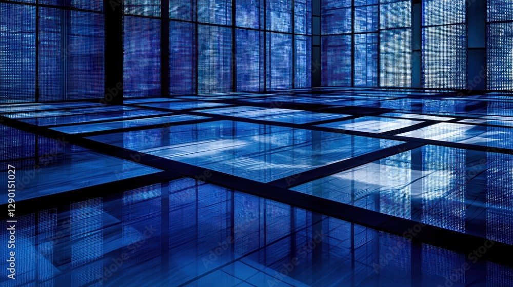 Poster captivating interior space with geometric grid pattern and mesmerizing blue reflections for modern a