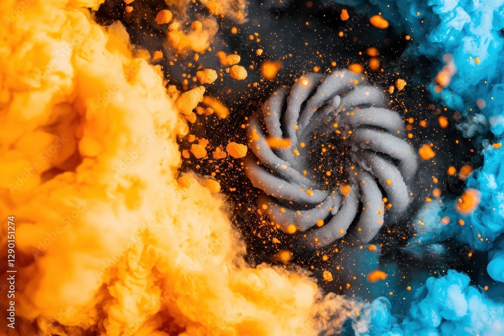 Poster abstract spiral of smoke with vibrant orange dust creating a dynamic and colorful artistic backdrop 
