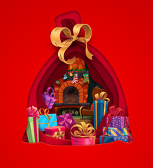 Christmas paper cut Santa gifts bag. Vector double exposition Xmas holiday papercut 3d effect frame in shape of sack with colorful presents and traditional interior with fireplace and hanging socks