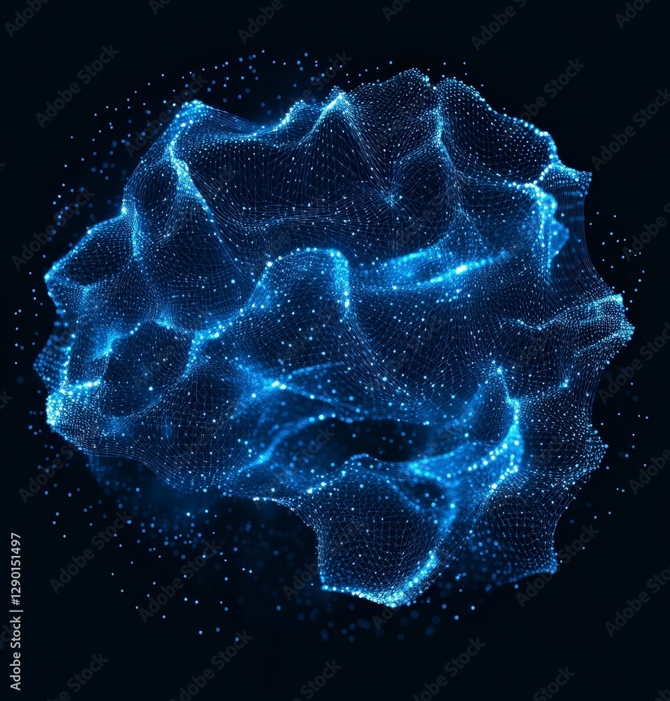 Poster abstract floating shape with blue dots and wireframe appearance