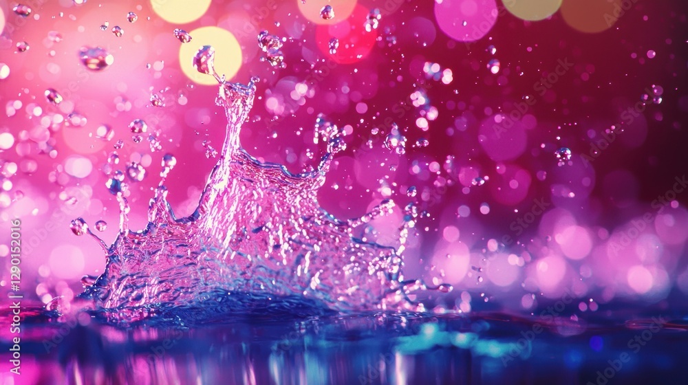 Poster dynamic water splash against a bokeh background creating a vibrant and energetic visual with pink an