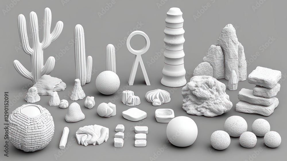 Aufkleber monochromatic still life arrangement of sculptural objects on gray backdrop a study in form and text