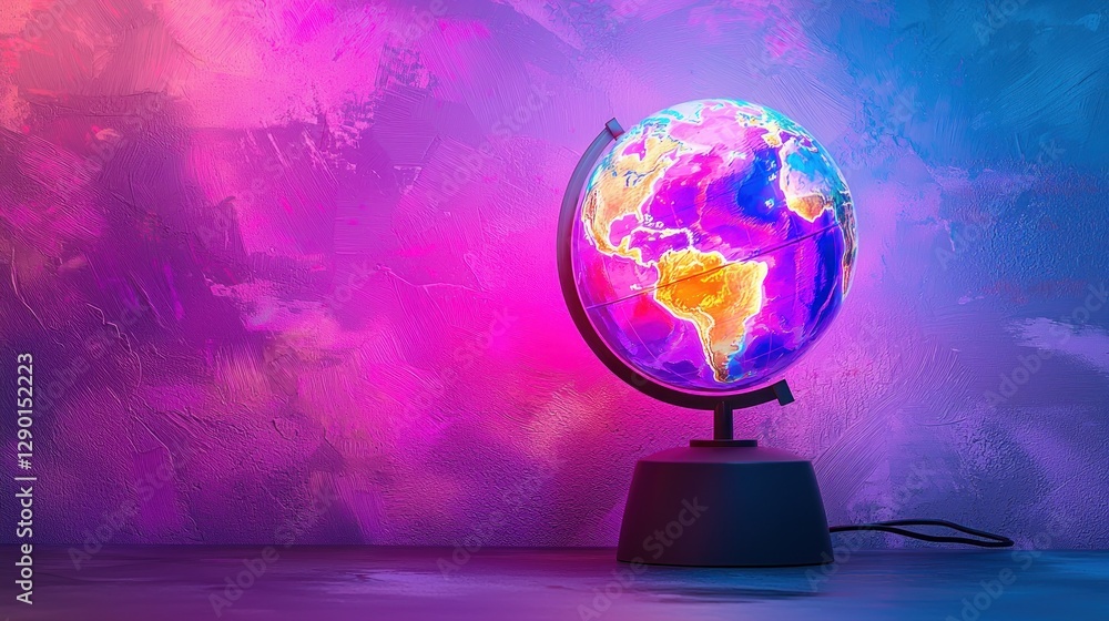 Poster illuminated world globe on a table against a textured wall with vibrant pink and blue lighting creat