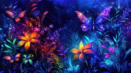Enchanting floral garden with luminous butterflies under a starlit sky vibrant colors and fantasy atmosphere captivating botanical artwork