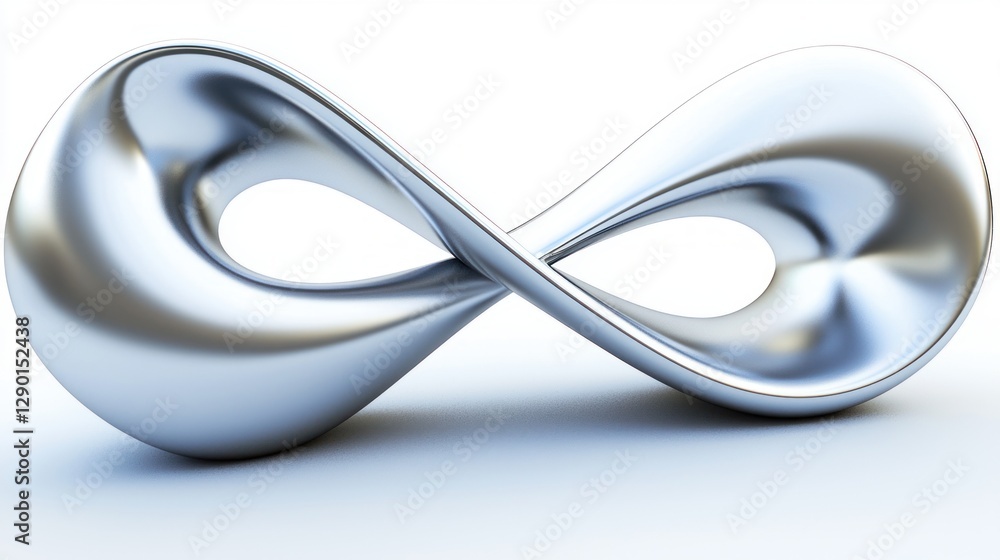 Poster metallic infinity symbol on a white background representing endless possibilities and continuous flo