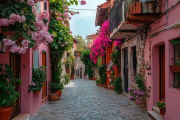 Obraz premium Picturesque cobblestone street with colorful flowers adorning charming pink houses