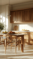 Sunlit Modern Kitchen Interior with Wooden Furniture