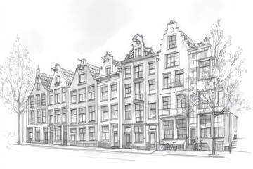 Detailed Sketch of Traditional European Townhouses in Urban Setting