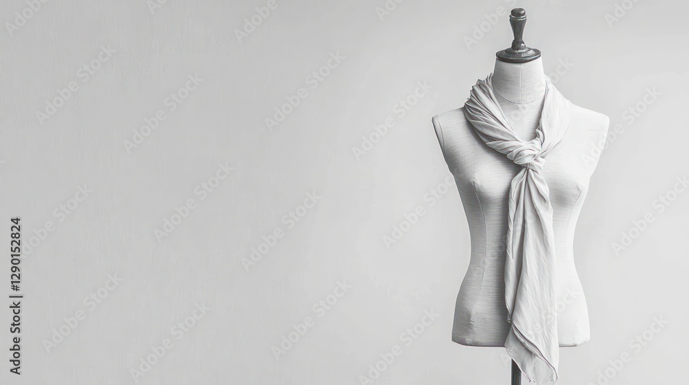 Poster elegant monochrome studio shot of a mannequin adorned with a flowing scarf against a plain backdrop 