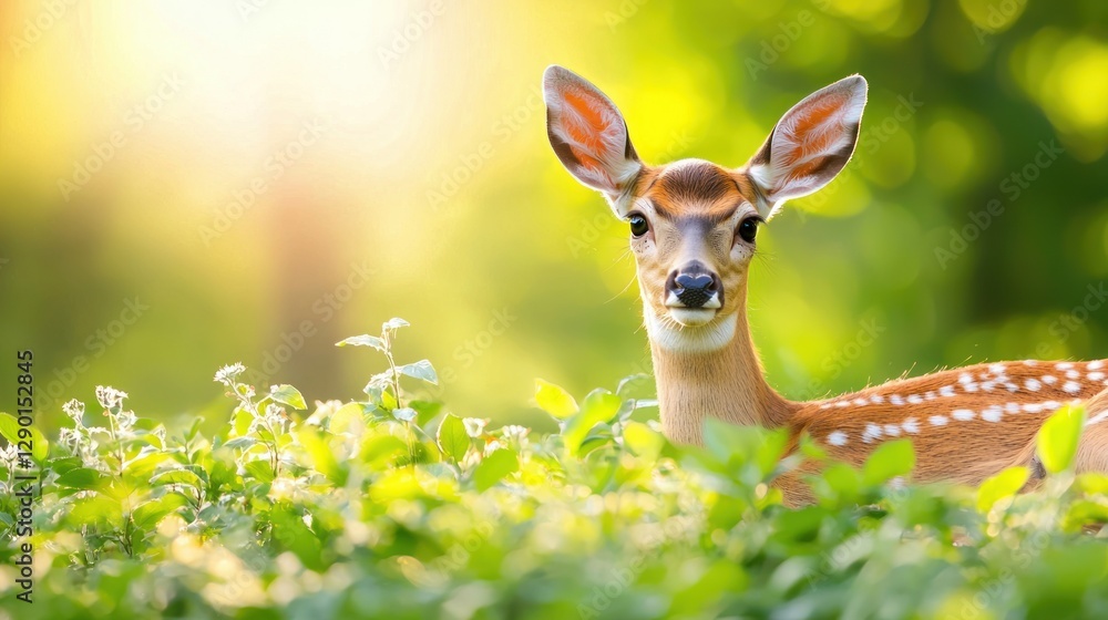 Poster adorable fawn portrait amidst lush greenery illuminated by golden sunlight creating a serene and cap