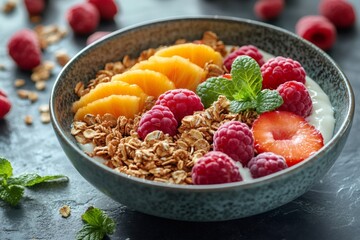 Healthy breakfast bowl with yogurt, granola, raspberries, orange slices and mint leaves