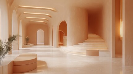 Peach-toned hallway with arched doorways, curved staircase, and minimalist seating. Ideal for showcasing serenity, luxury, or architectural design in home decor, spa, or wellness contexts.