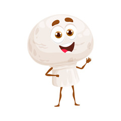 Cartoon champignon mushroom keto diet food character. Healthy nutrition and ketogenic diet natural food funny personage, champignon mushroom cute vector mascot or childish character