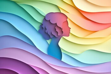 layered paper cut design featuring child silhouette surrounded by flowing rainbow waves, soft shadows, clean modern aesthetic