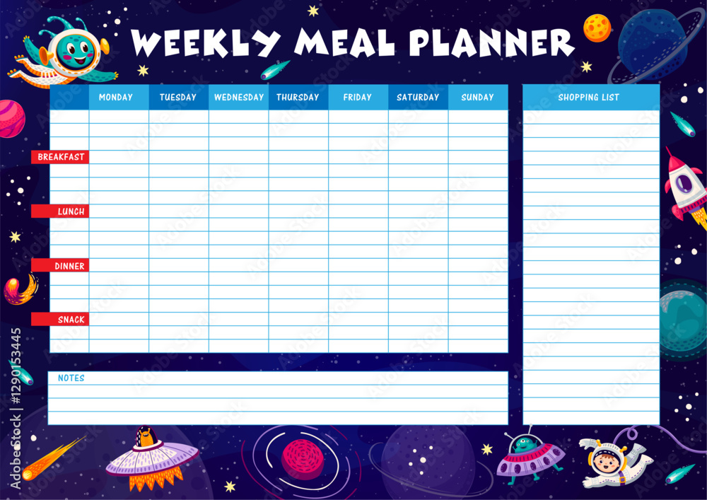 Poster weekly meal planner. starry galaxy, alien and astronaut, ufo and rocket, space stars and planets vec