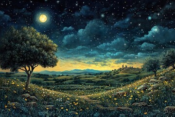 Dreamy nighttime landscape showing rolling hills and a star filled sky