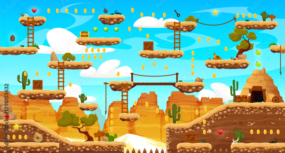 Poster wild west western arcade game level map with platforms, canyons and mountains. mobile game layer, co