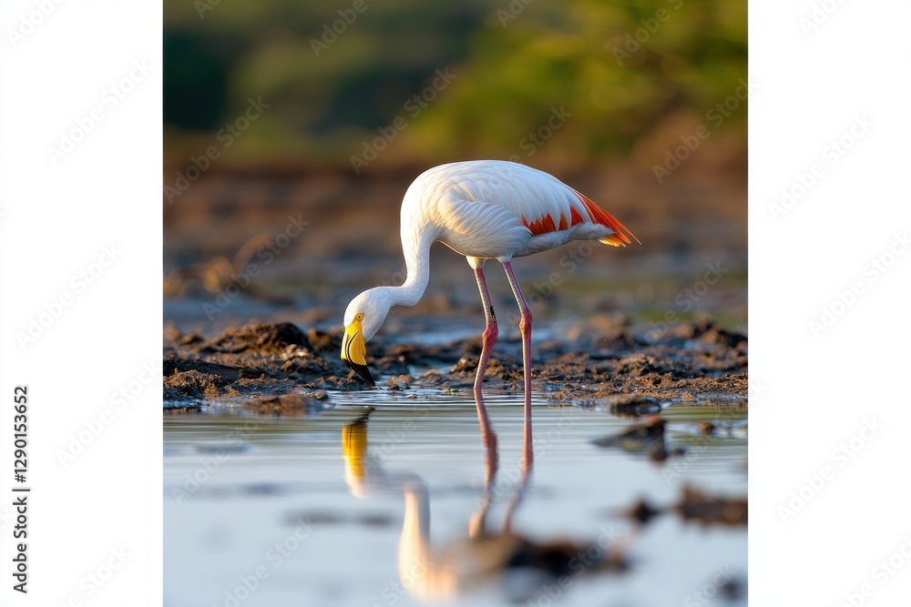 Poster elegant flamingo searching for food in shallow water creating a beautiful reflection in nature scene