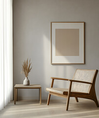 Minimalist Living Room Interior with Wooden Chair and Blank Frame