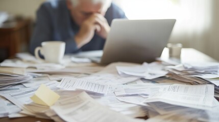 Retirement financial stress at a desk with paperwork. Featuring worry and careful planning