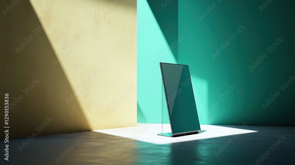 Poster minimalist display stands in a sunlit corner with yellow and green walls creating a serene and moder