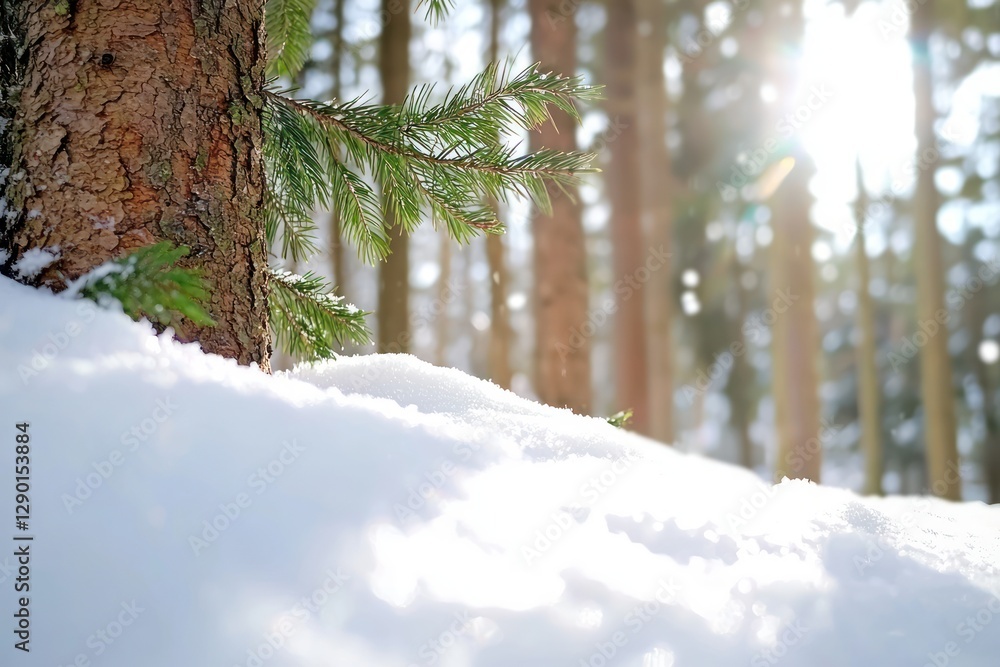 Poster serene winter forest scene with sunlight filtering through trees and snow covered ground creating a 