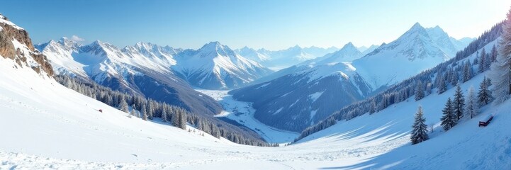 Fototapeta premium Panoramic view of snow-covered ski slopes in mountainous terrain , white, winter wonderland
