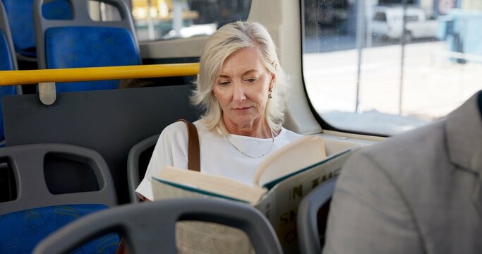 Reading book, travel and bus with senior woman, journey and hobby with break. Mature person, public transportation and pensioner with novel, literature and passenger with creativity and relax