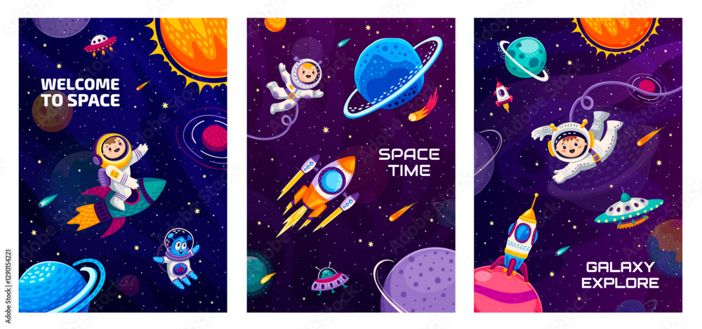 Poster cartoon space posters. astronauts, spaceship and rocket, alien and ufo, starry galaxy, planets and c