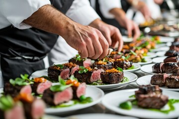 Essential Industry Skills. Chefs plating gourmet steak dishes in a restaurant kitchen.
