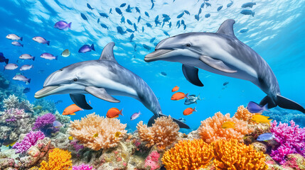 Obraz premium Playful dolphins swimming above a colorful coral reef underwater