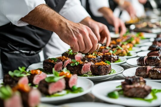 Essential Industry Skills. Chefs plating gourmet steak dishes in a restaurant kitchen.