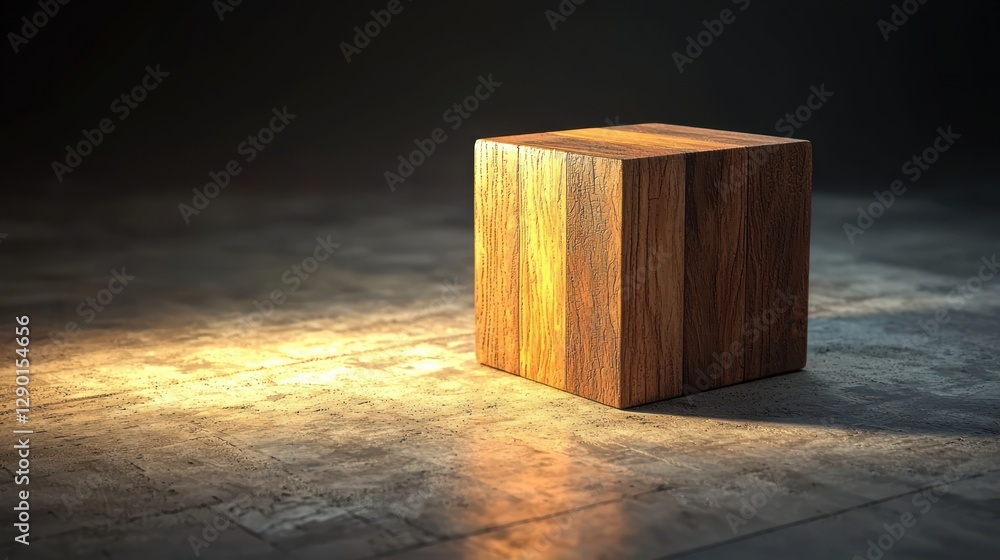 Aufkleber wooden cube under a warm light on concrete floor presenting a simple geometrical scene with soft lig