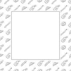 artist tool frame. doodle art supplies square frame. hand drawn artist kit frame background. art material background
