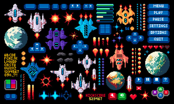 8bit arcade space pixel game asset, asteroids, planets and spaceship, alien and stars, fire and explosion vector set in pixelated retro style. Menu panel buttons, 2d videogame icons