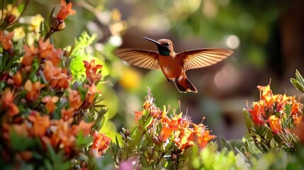 Rufous Hummingbird Soaring Among Orange Flowers in a Lush Garden Setting Capturing Nature's Beauty with a Close Up Shot and a Soft Bokeh Background