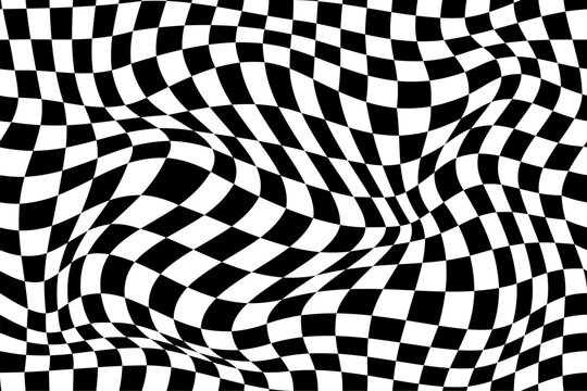 Wavy optical illusion checker pattern background, trippy checkerboard. Racing checkered flag pattern, motocross competition finish signal or rally championship victory vector wavy background