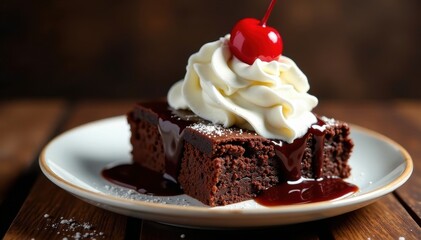 Decadent brownie sundae, rich chocolate, vanilla ice cream, whipped cream, cherry , ice cream, yummy, rich