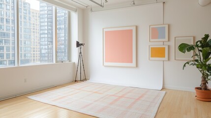 Bright Minimalist Workspace Featuring Abstract Art in Cozy Setting, Inviting Atmosphere for Online Presentations and Meetings