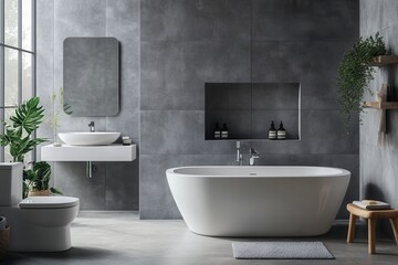 Fototapeta premium Modern Minimalist Gray Bathroom with White Tub and Sink