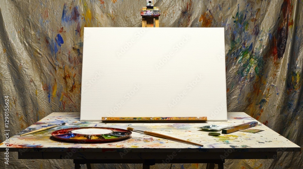 Poster artistic atelier canvas and palette set against a backdrop of abstract artistic expression studio vi