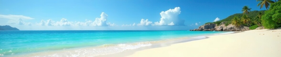 Sun-drenched empty beach, turquoise sea, flawless sky, serene, paradise, bright