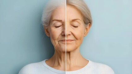 Caucasian senior woman face before and after beauty treatment comparison on blue background. Anti aging skincare transformation. Wrinkle removal results
